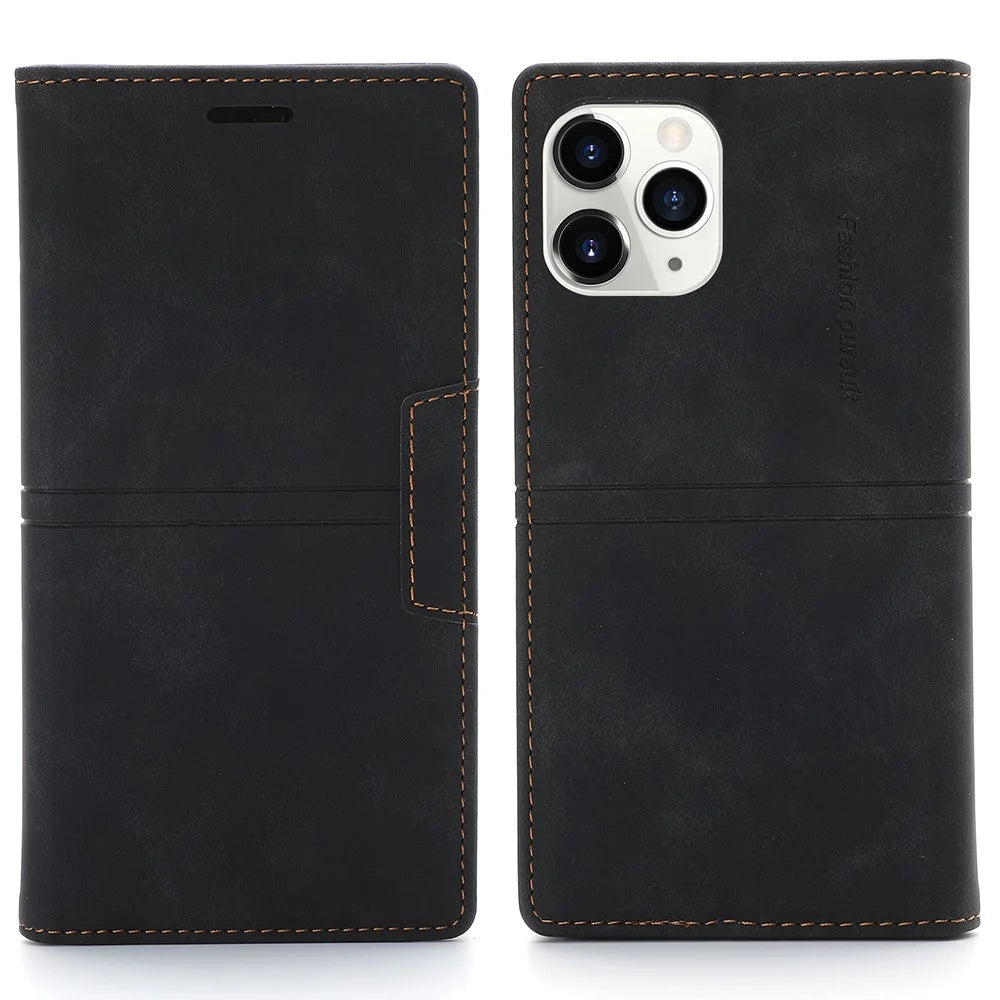 Auto-absorbed Folio Flip PU Leather Wallet Stand Phone Cover Shell for iPhone 12 / 12 Pro 6.1 inch - Black - 1