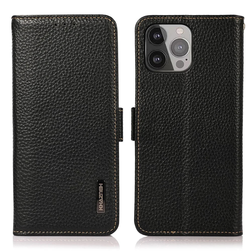 KHAZNEH Litchi Texture Anti-theft Swiping Design Genuine Leather Wallet Phone Case Shell for iPhone 13 Pro Max 6.7 inch - Black - 1