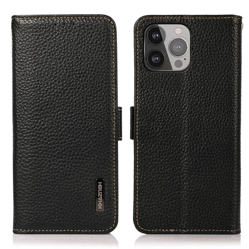 KHAZNEH Litchi Texture Anti-theft Swiping Design Genuine Leather Wallet Phone Case Shell for iPhone 13 Pro Max 6.7 inch - Black - 1