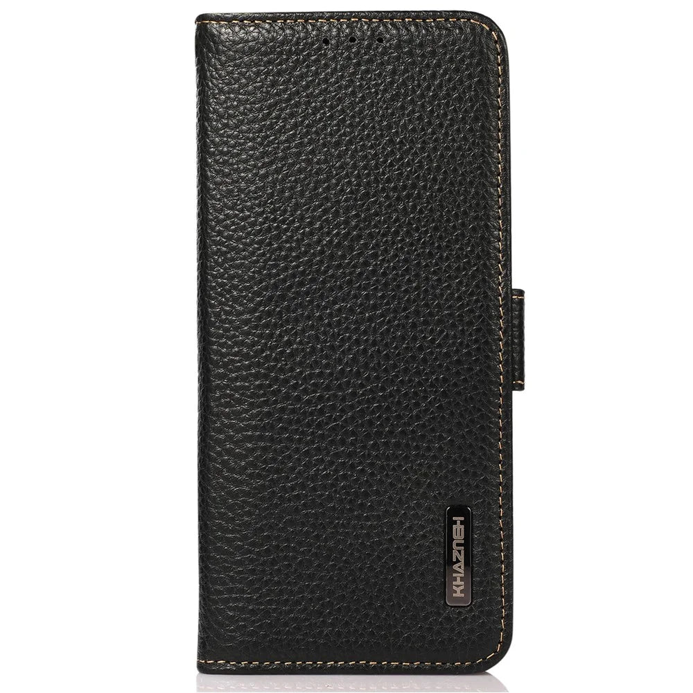 KHAZNEH Litchi Texture Anti-theft Swiping Design Genuine Leather Wallet Phone Case Shell for iPhone 13 Pro Max 6.7 inch - Black - 2
