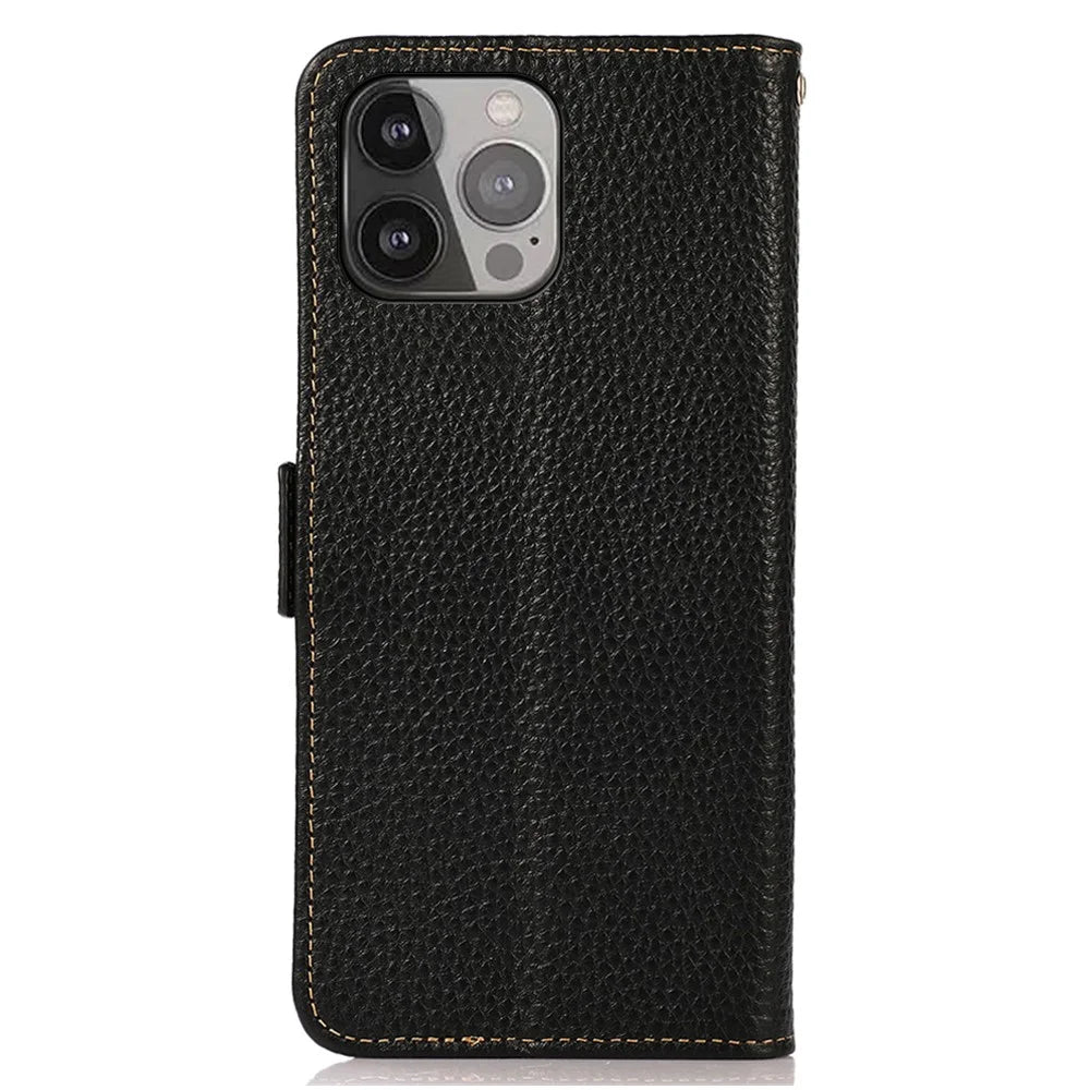 KHAZNEH Litchi Texture Anti-theft Swiping Design Genuine Leather Wallet Phone Case Shell for iPhone 13 Pro Max 6.7 inch - Black - 3