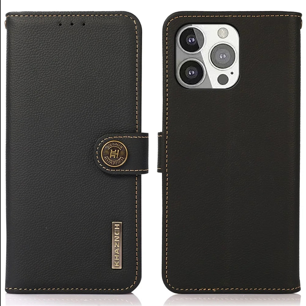 KHAZNEH Genuine Leather Anti-theft Swiping Design Wallet Phone Case  Stand Shell for iPhone 13 Pro 6.1 inch - Black - 1
