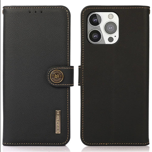 KHAZNEH Genuine Leather Anti-theft Swiping Design Wallet Phone Case  Stand Shell for iPhone 13 Pro 6.1 inch - Black - 1
