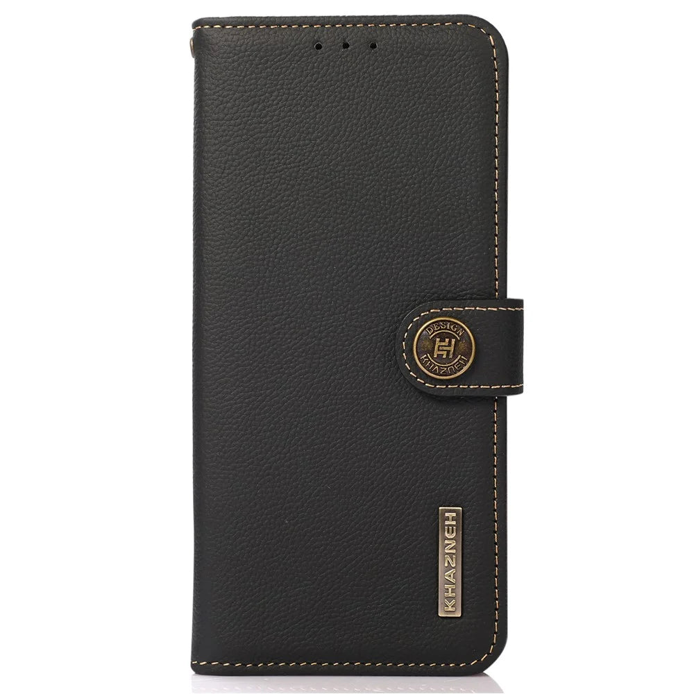 KHAZNEH Genuine Leather Anti-theft Swiping Design Wallet Phone Case  Stand Shell for iPhone 13 Pro 6.1 inch - Black - 2