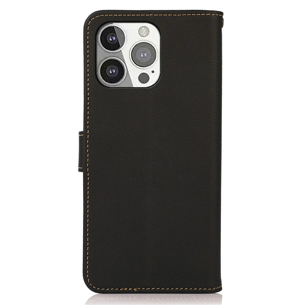 KHAZNEH Genuine Leather Anti-theft Swiping Design Wallet Phone Case  Stand Shell for iPhone 13 Pro 6.1 inch - Black - 3