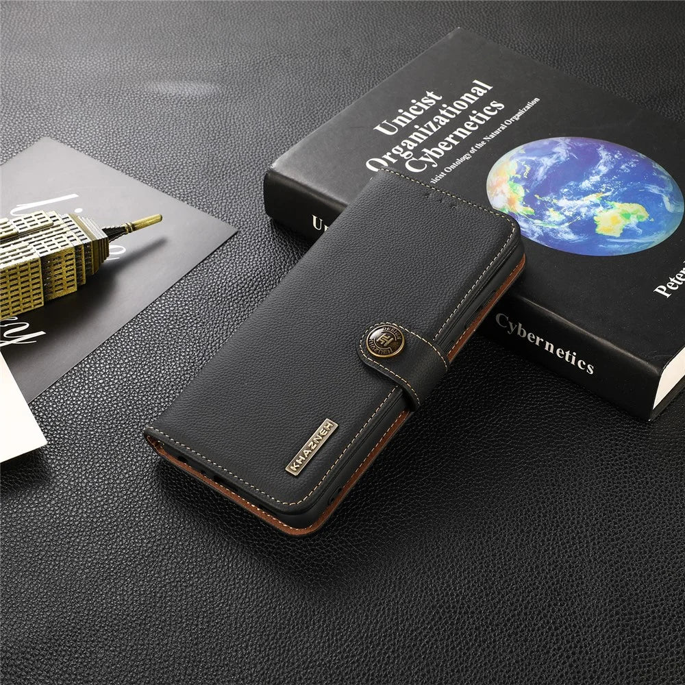 KHAZNEH Genuine Leather Anti-theft Swiping Design Wallet Phone Case  Stand Shell for iPhone 13 Pro 6.1 inch - Black - 6