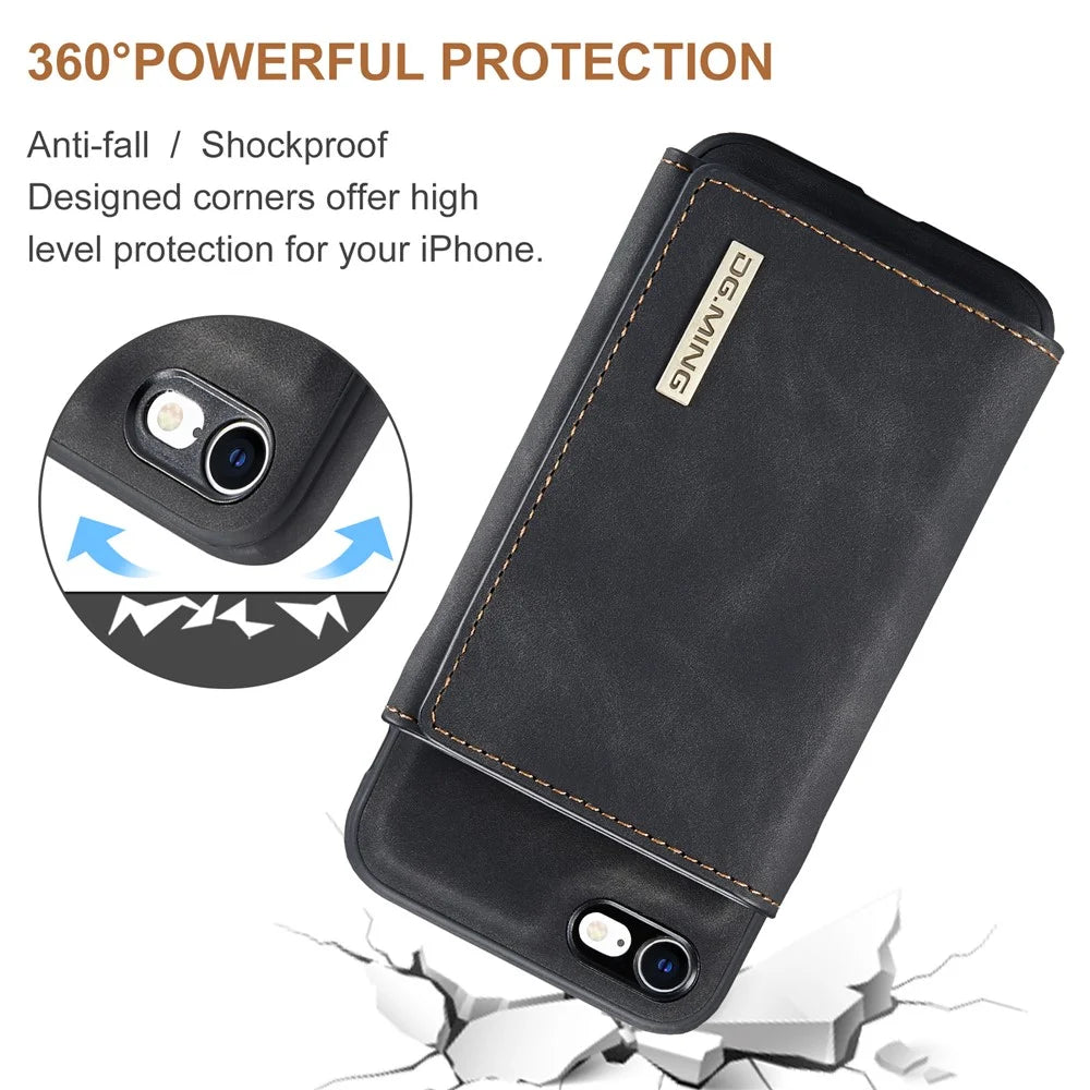 DG.MING M1 Series 2 in 1 Detachable Magnetic Leather Wallet Case Wireless Charging Support with Kickstand for iPhone 7 4.7 inch/8 4.7 inch/SE (2020)/SE (2022) - Black - 4