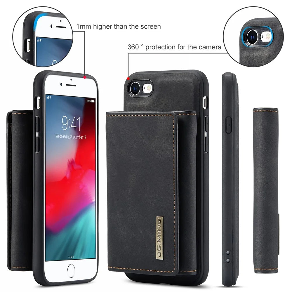 DG.MING M1 Series 2 in 1 Detachable Magnetic Leather Wallet Case Wireless Charging Support with Kickstand for iPhone 7 4.7 inch/8 4.7 inch/SE (2020)/SE (2022) - Black - 6
