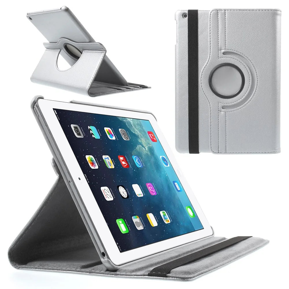 360 Degree Rotating Litchi Leather Smart Case for iPad Air - Silver - 1