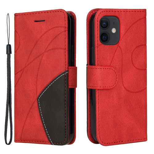 For iPhone 12 mini 5.4 inch Leather Case Wallet Stand Color Splicing Phone Cover - Red - 1