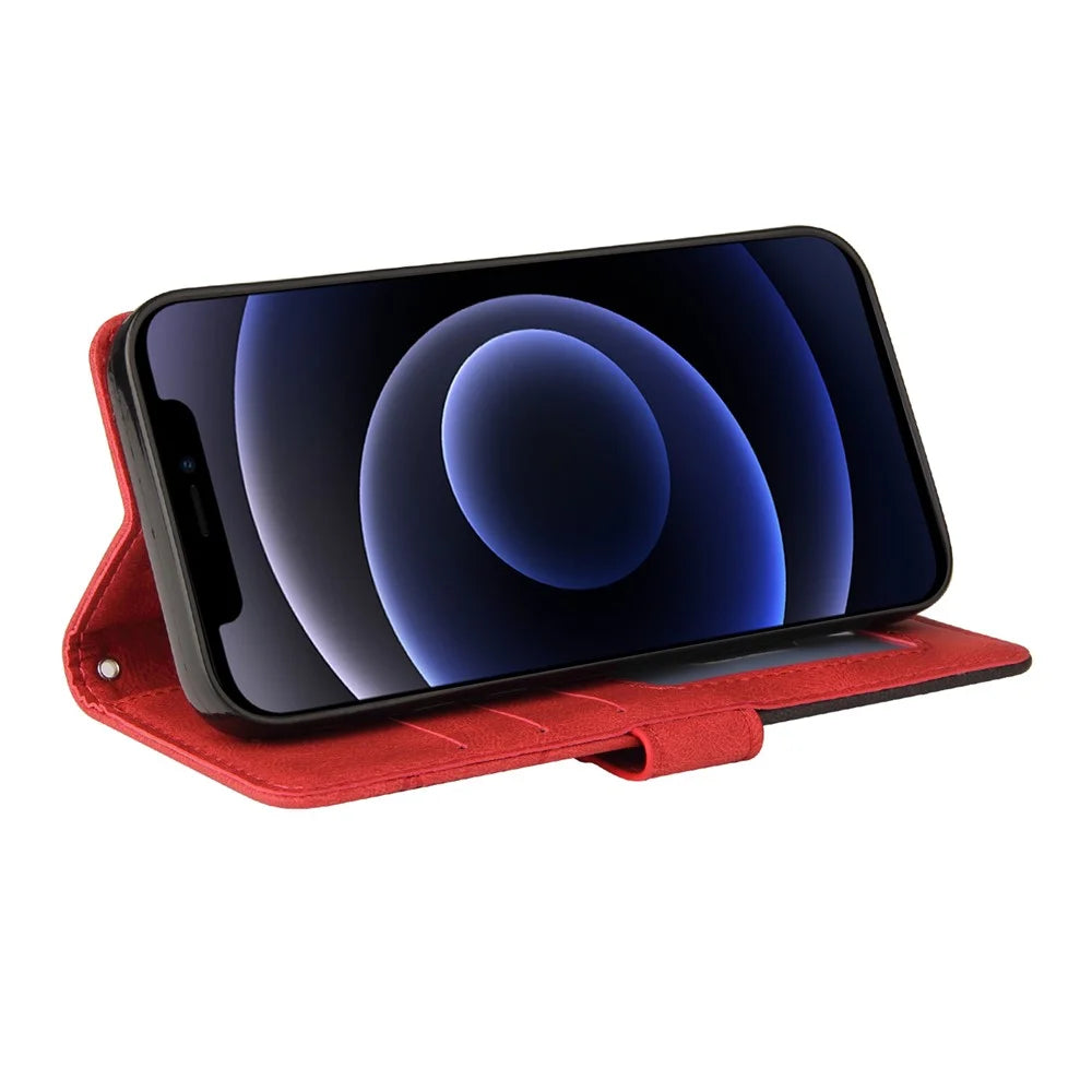 For iPhone 12 mini 5.4 inch Leather Case Wallet Stand Color Splicing Phone Cover - Red - 5