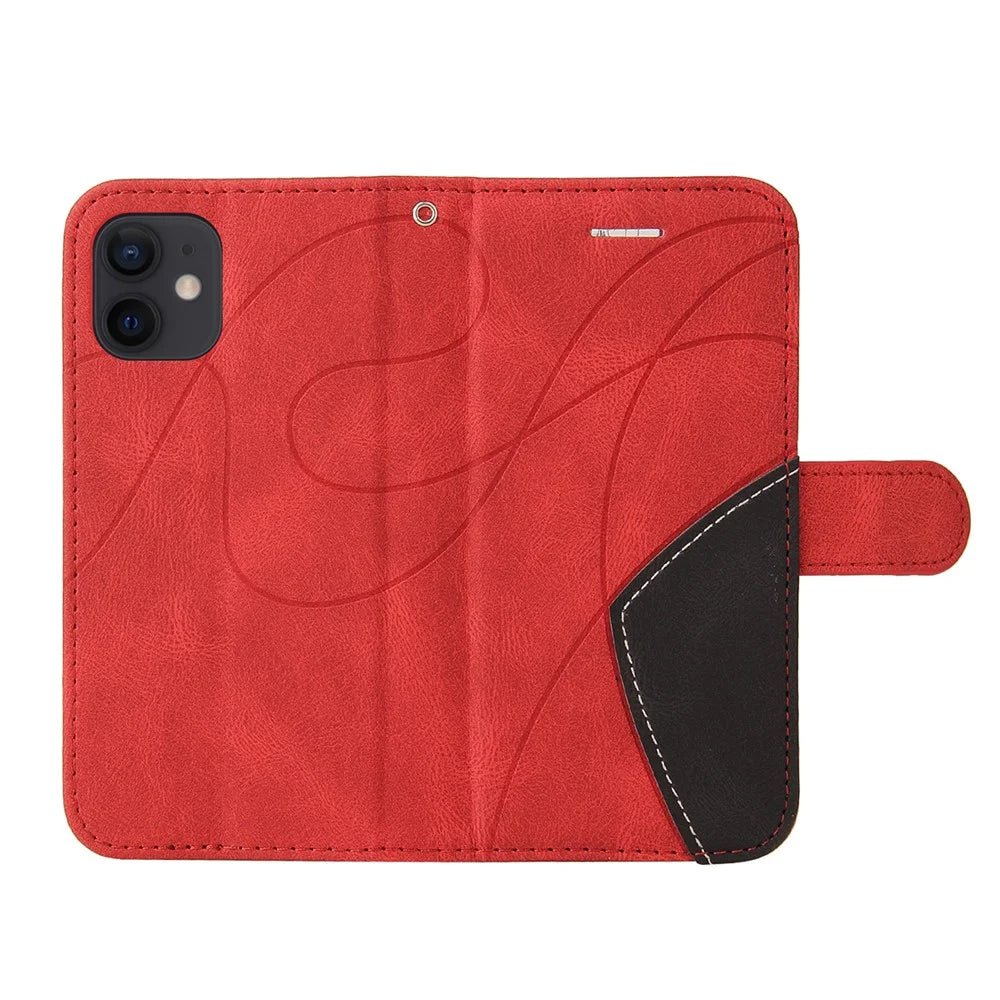 For iPhone 12 mini 5.4 inch Leather Case Wallet Stand Color Splicing Phone Cover - Red - 6