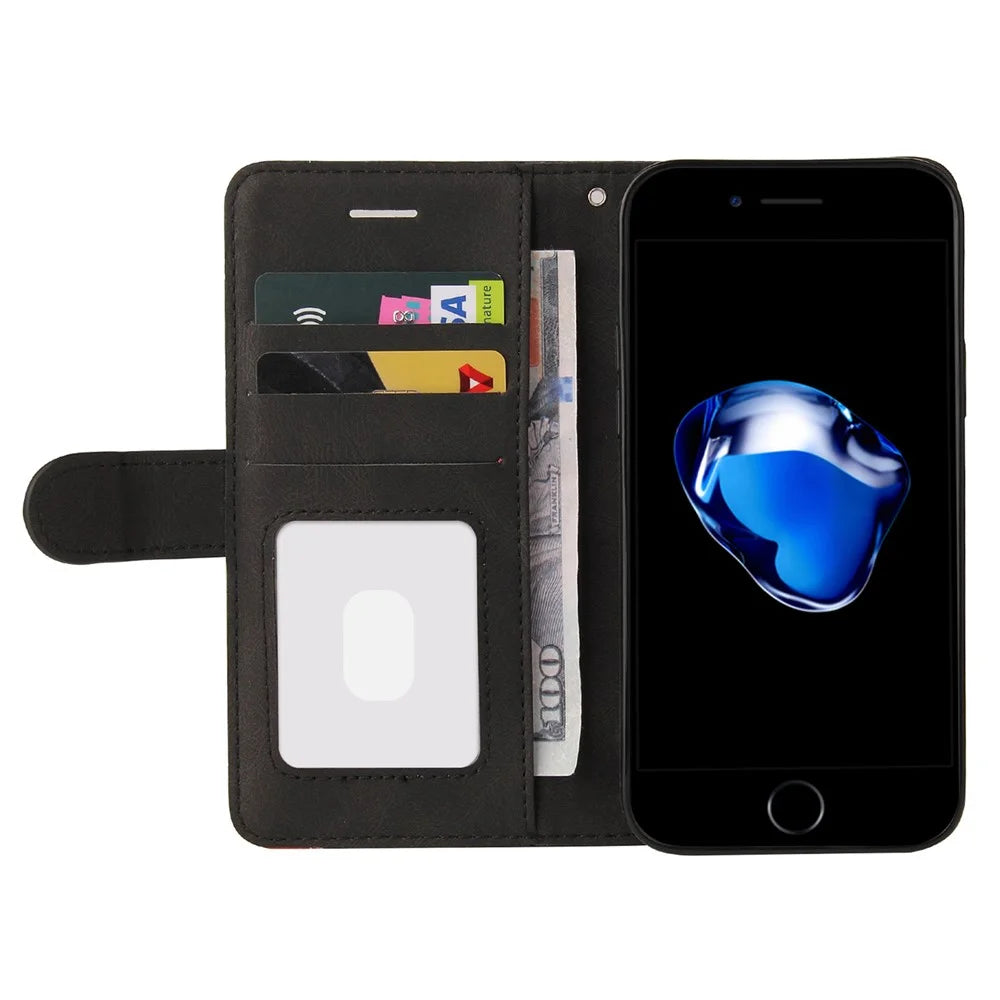 For iPhone 7 4.7 inch / 8 4.7 inch / SE (2020) / SE (2022) Leather Case Wallet Stand Color Splicing Phone Cover - Black - 4