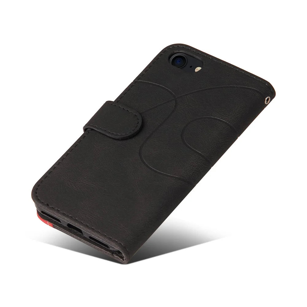For iPhone 7 4.7 inch / 8 4.7 inch / SE (2020) / SE (2022) Leather Case Wallet Stand Color Splicing Phone Cover - Black - 7