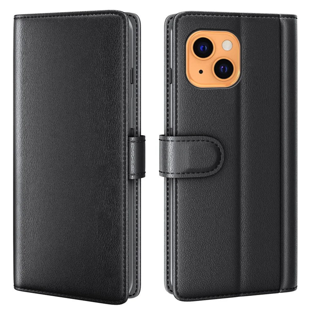 Genuine Leather Stand Wallet Phone Case for iPhone 13 mini 5.4 inch Mobile Phone Accessories - Black - 1