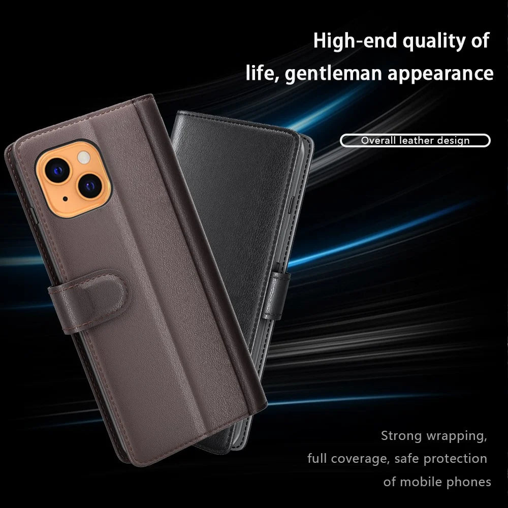 Genuine Leather Stand Wallet Phone Case for iPhone 13 mini 5.4 inch Mobile Phone Accessories - Black - 2