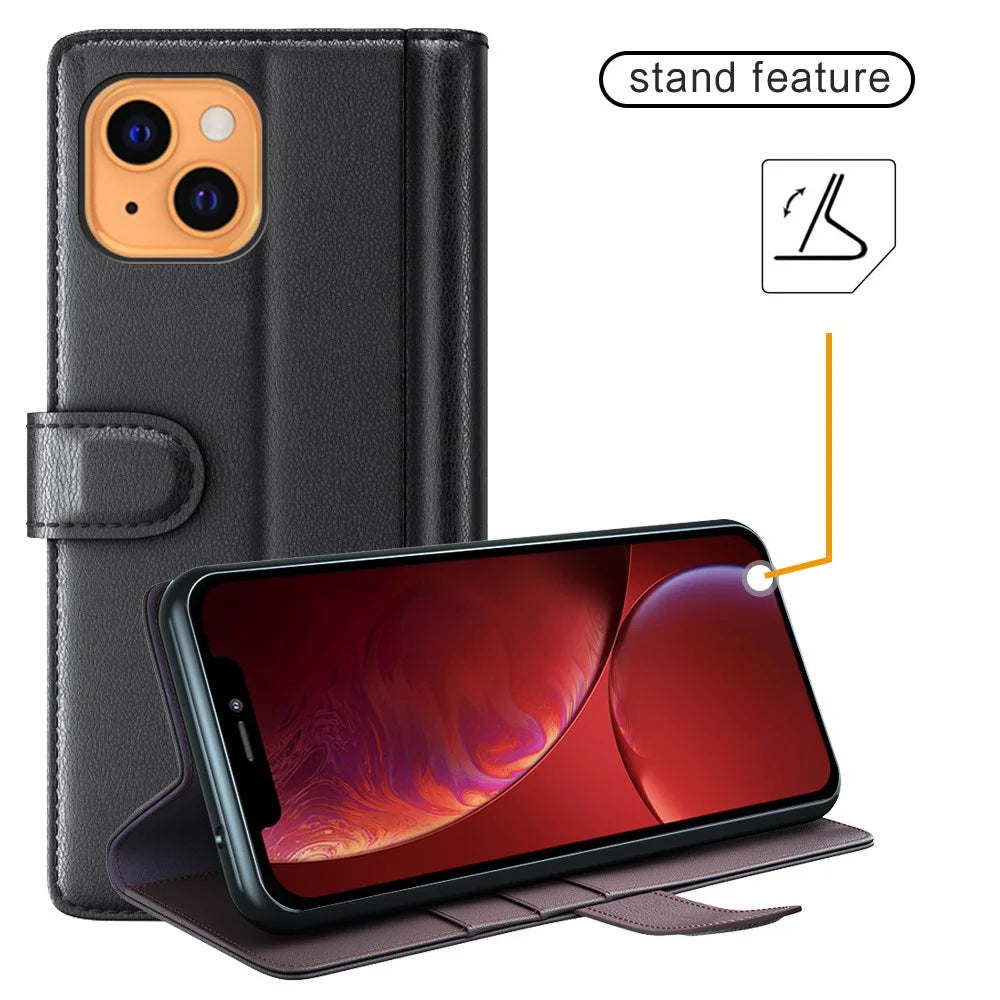 Genuine Leather Stand Wallet Phone Case for iPhone 13 mini 5.4 inch Mobile Phone Accessories - Black - 4