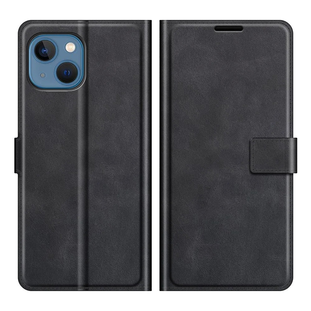 For iPhone 13 mini 5.4 inch Folio Flip Leather Wallet Case Phone Cover Shell with Foldable Stand - Black - 1