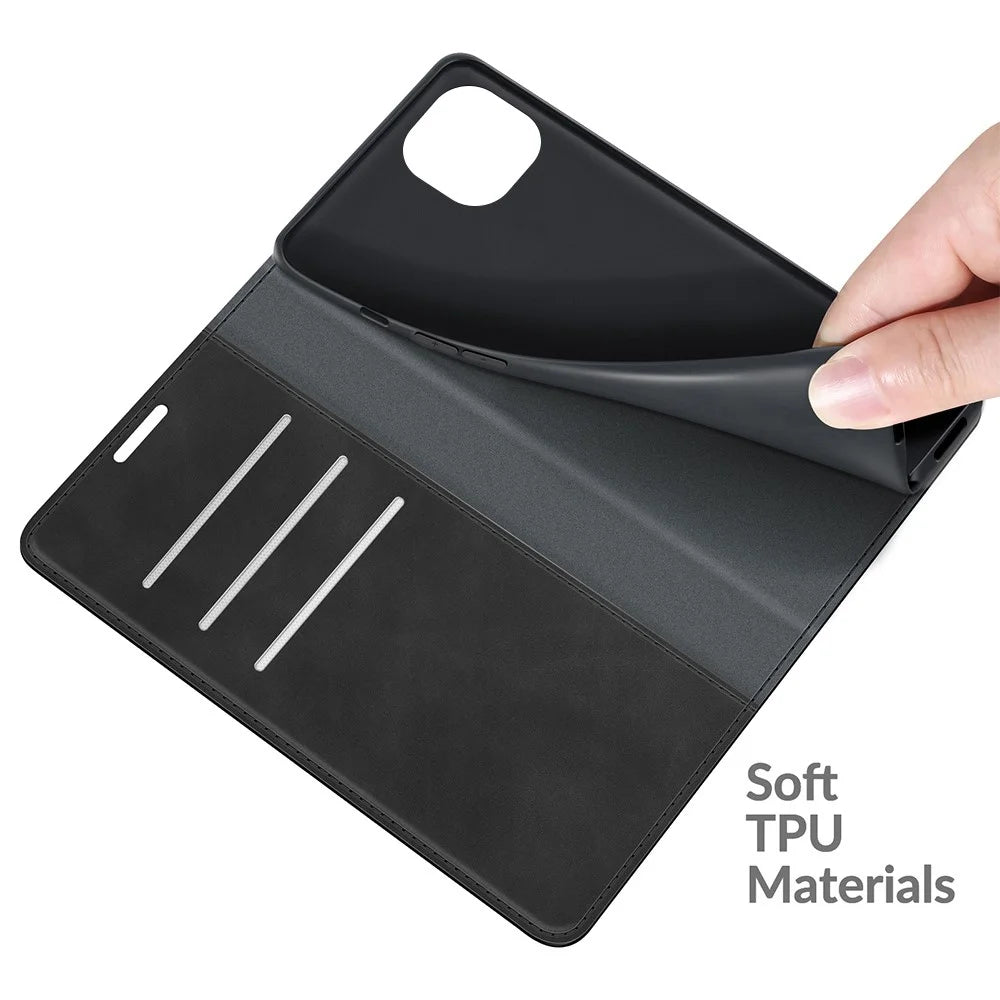 Skin-Touch Wallet Stand Cover Magnetic Auto-absorbed Leather Phone Case for iPhone 13 6.1 inch - Black - 4