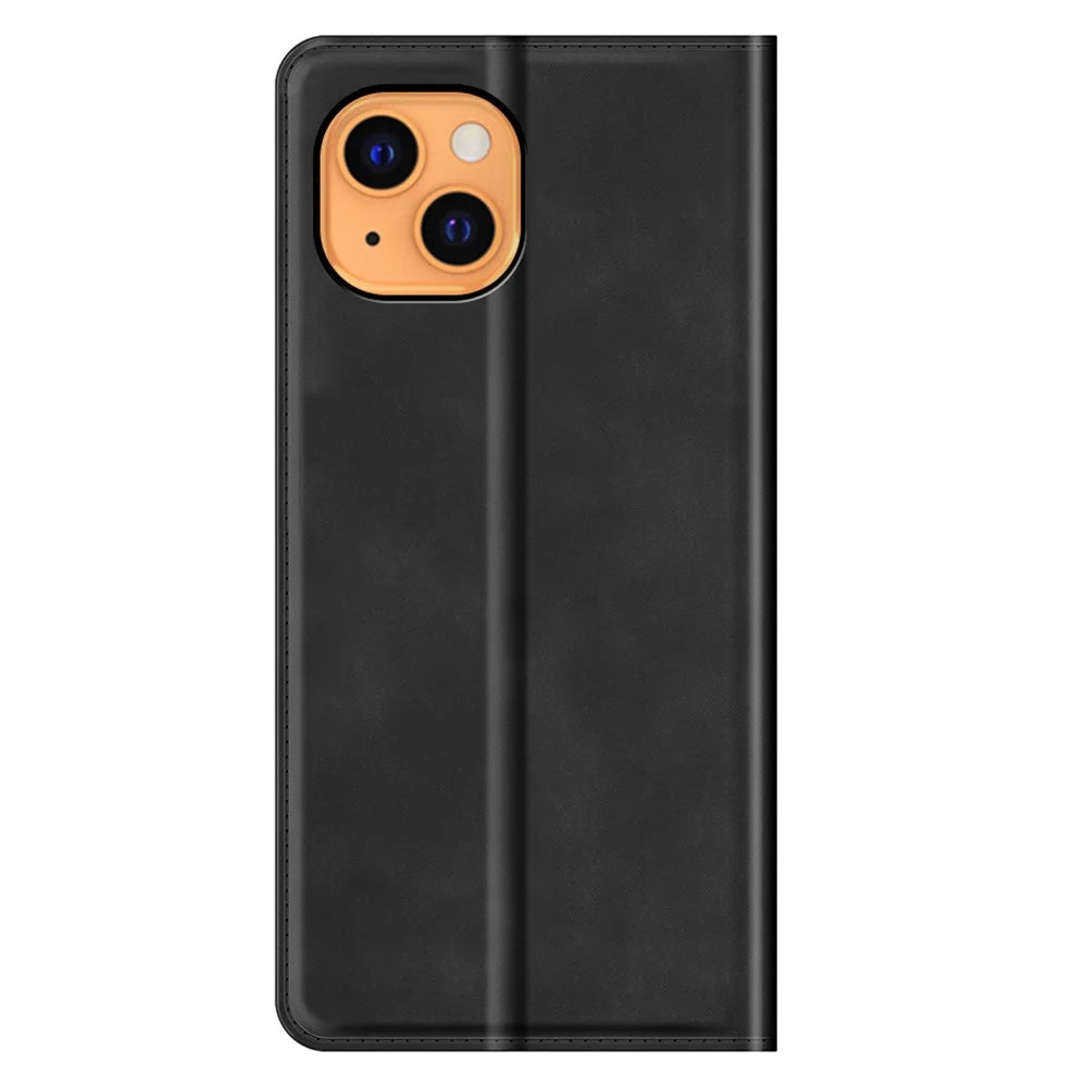 Skin-Touch Wallet Stand Cover Magnetic Auto-absorbed Leather Phone Case for iPhone 13 6.1 inch - Black - 6