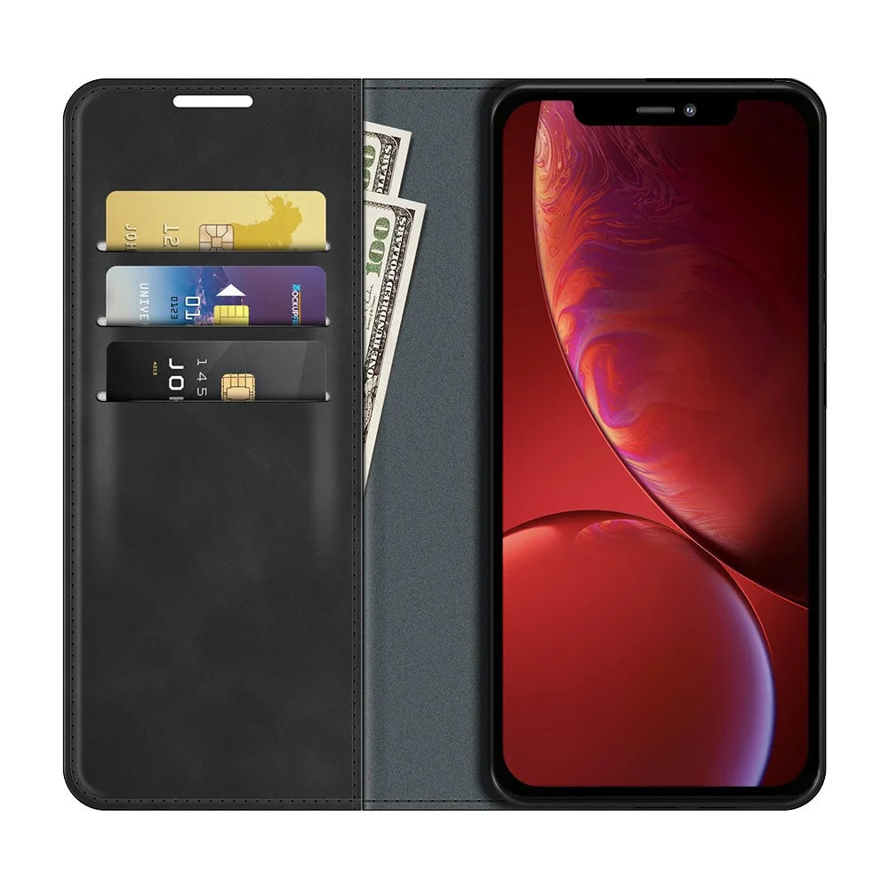 Skin-Touch Wallet Stand Cover Magnetic Auto-absorbed Leather Phone Case for iPhone 13 6.1 inch - Black - 7