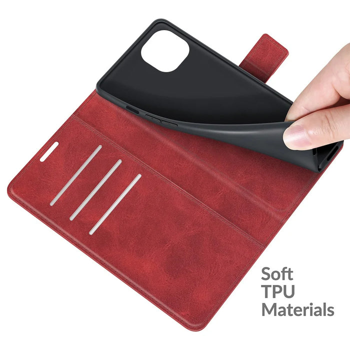 Folio Flip Magnetic Square Clasp Leather Case Protector with Wallet Stand for iPhone 13 6.1 inch - Red - 4