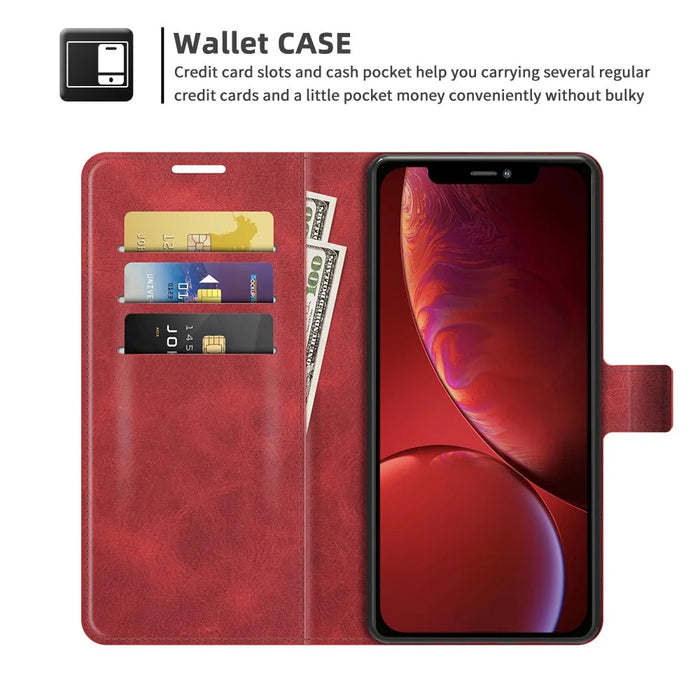 Folio Flip Magnetic Square Clasp Leather Case Protector with Wallet Stand for iPhone 13 6.1 inch - Red - 5