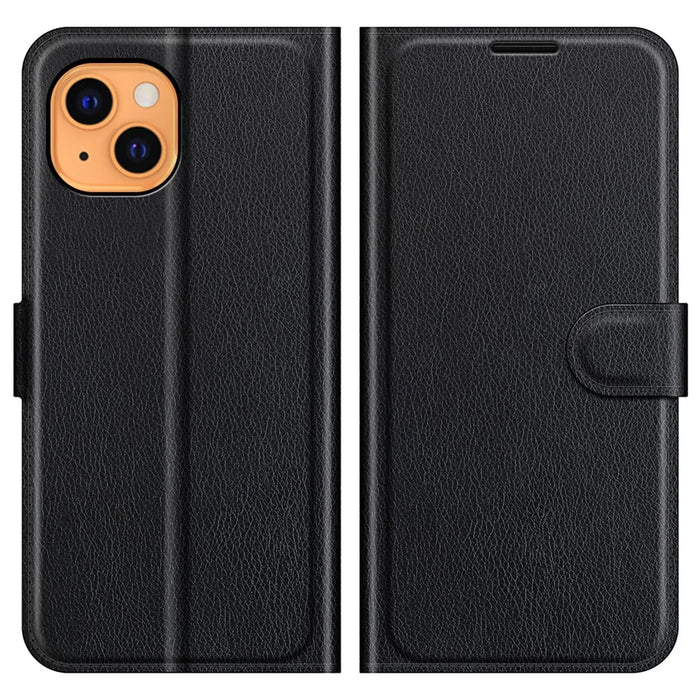 For iPhone 13 Case Litchi Texture Shockproof Leather Wallet Phone Cover - Black - 1