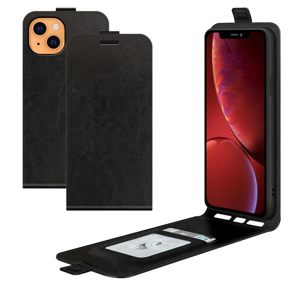 Crazy Horse Texture Vertical Flip Phone Cover Card Slot Leather Case for iPhone 13 6.1 inch - Black - 1