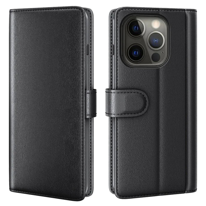 Genuine Leather Wallet Design Phone Stand Shell Case for iPhone 13 Pro Max 6.7 inch - Black - 1