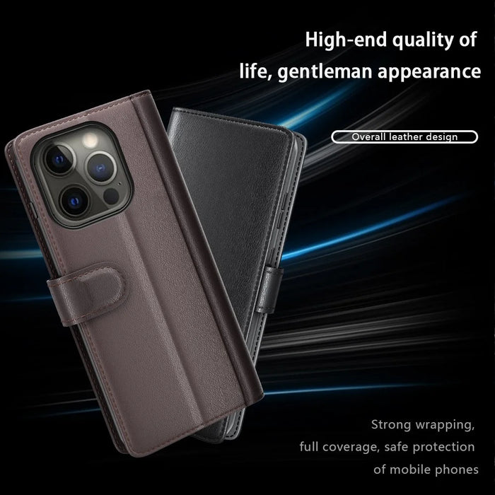 Genuine Leather Wallet Design Phone Stand Shell Case for iPhone 13 Pro Max 6.7 inch - Black - 2