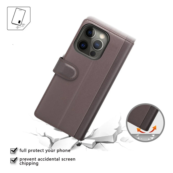 Genuine Leather Wallet Design Phone Stand Shell Case for iPhone 13 Pro Max 6.7 inch - Black - 7
