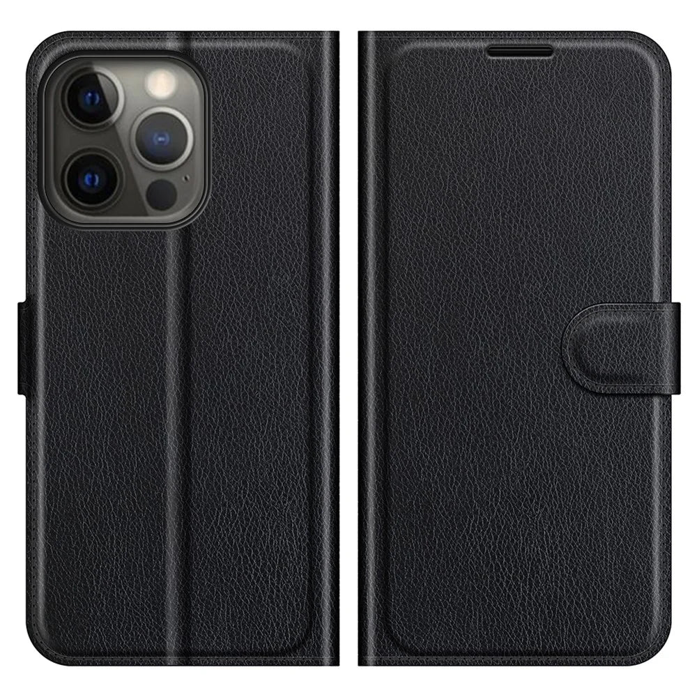 Litchi Texture Wallet Stand Design Folio Flip PU Leather Case Phone Cover for iPhone 13 Pro Max 6.7 inch - Black - 1