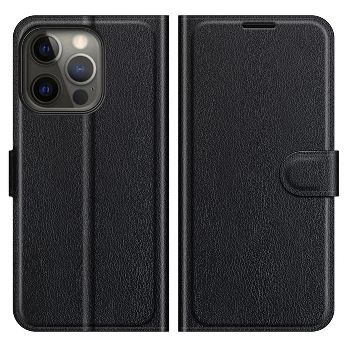 Litchi Texture Wallet Stand Design Folio Flip PU Leather Case Phone Cover for iPhone 13 Pro Max 6.7 inch - Black - 1