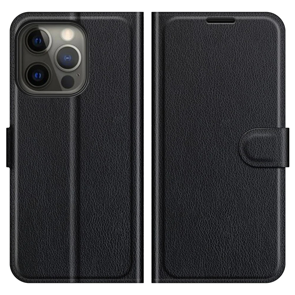 Litchi Skin Leather Wallet Well-protected Mobile Phone Cover Case with Stand for iPhone 13 Pro 6.1 inch - Black - 1