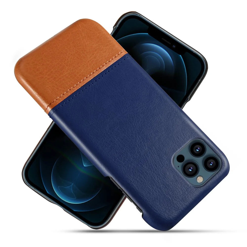 PU Leather Coated Dual-color Splicing PC Phone Case Cover for iPhone 13 Pro Max 6.7 inch - Blue / Khaki - 1