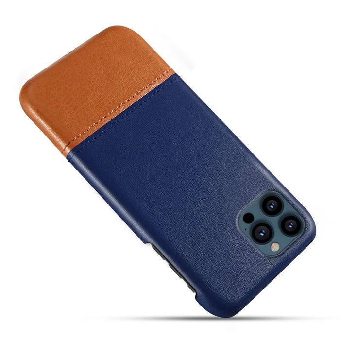 PU Leather Coated Dual-color Splicing PC Phone Case Cover for iPhone 13 Pro Max 6.7 inch - Blue / Khaki - 4