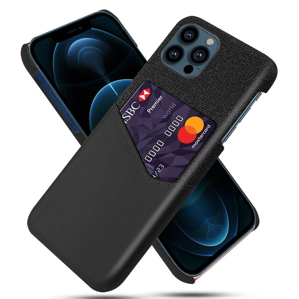 Cloth + PU Leather Coated PC Phone Case with Card Slot for iPhone 13 Pro Max 6.7 inch - Black - 1