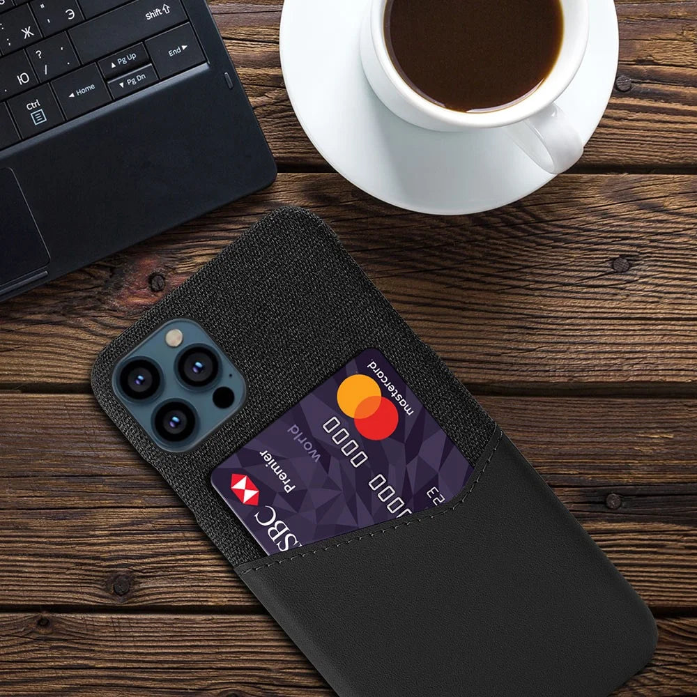 Cloth + PU Leather Coated PC Phone Case with Card Slot for iPhone 13 Pro Max 6.7 inch - Black - 4