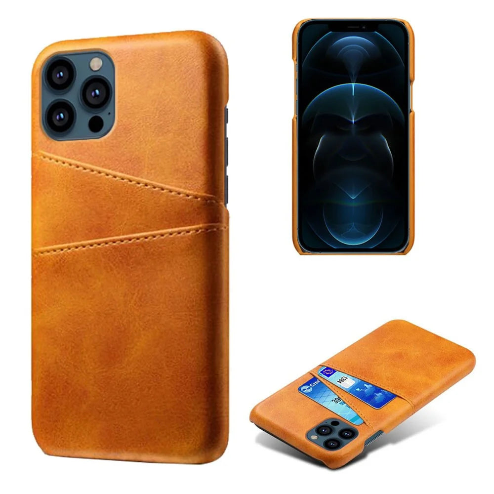 Leather Coated PC Phone Case for iPhone 13 Pro 6.1 inch, Double Card Slots Ultra Slim Protector Shell - Orange - 1