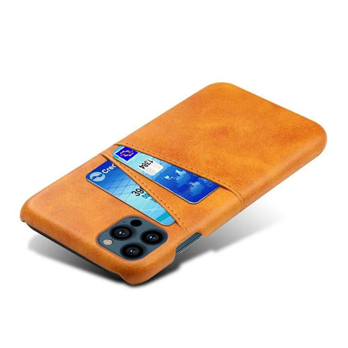Leather Coated PC Phone Case for iPhone 13 Pro 6.1 inch, Double Card Slots Ultra Slim Protector Shell - Orange - 3