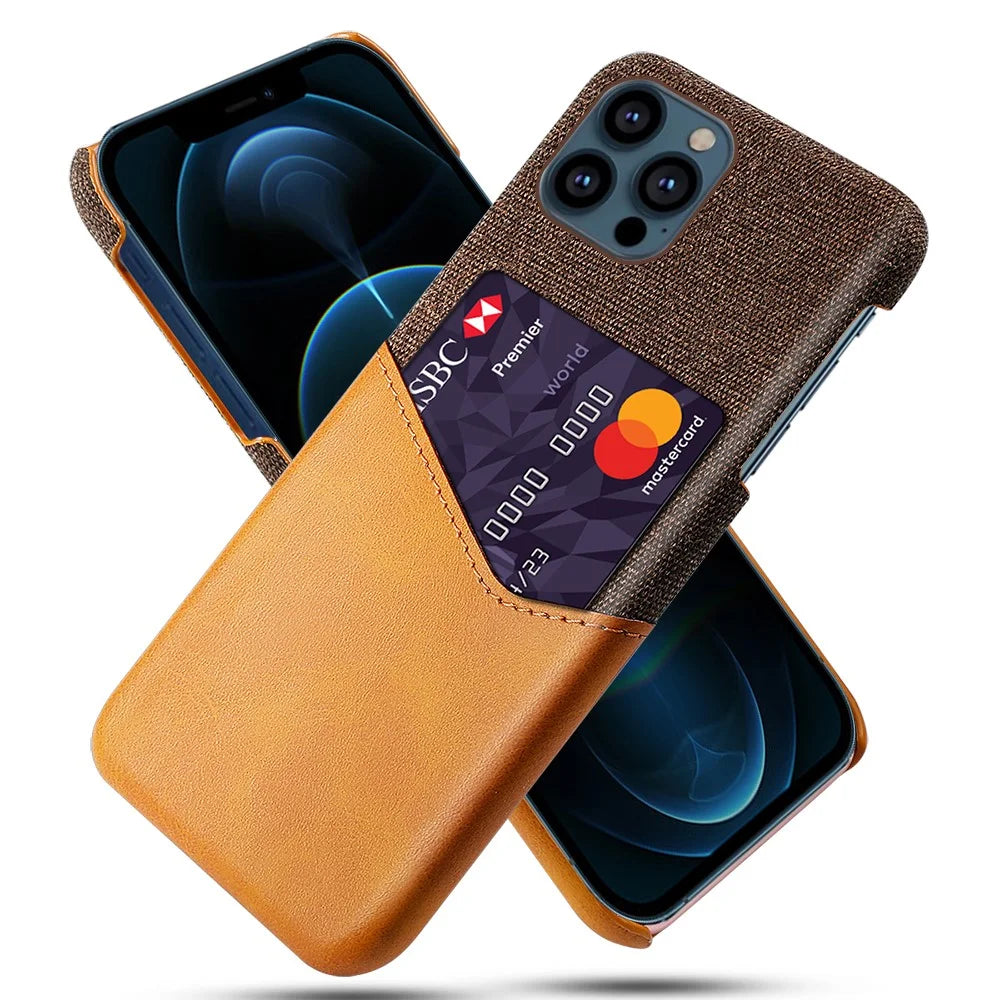 Card Holder Cloth + PU Leather Coated PC Phone Case for iPhone 13 Pro 6.1 inch - Brown - 1