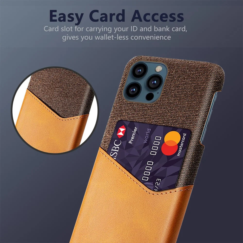 Card Holder Cloth + PU Leather Coated PC Phone Case for iPhone 13 Pro 6.1 inch - Brown - 2