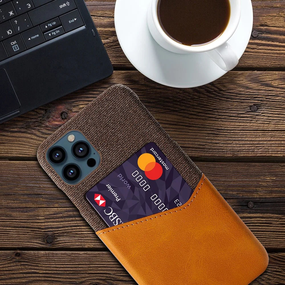 Card Holder Cloth + PU Leather Coated PC Phone Case for iPhone 13 Pro 6.1 inch - Brown - 4