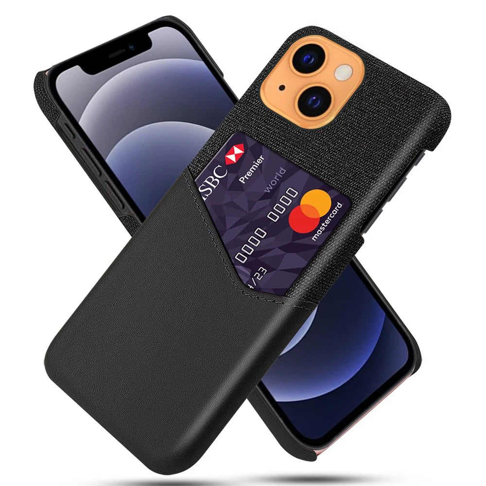 Shock-absorbed Cloth Texture Hybrid Phone Case with Single Card Slot for iPhone 13 6.1 inch - Black - 1