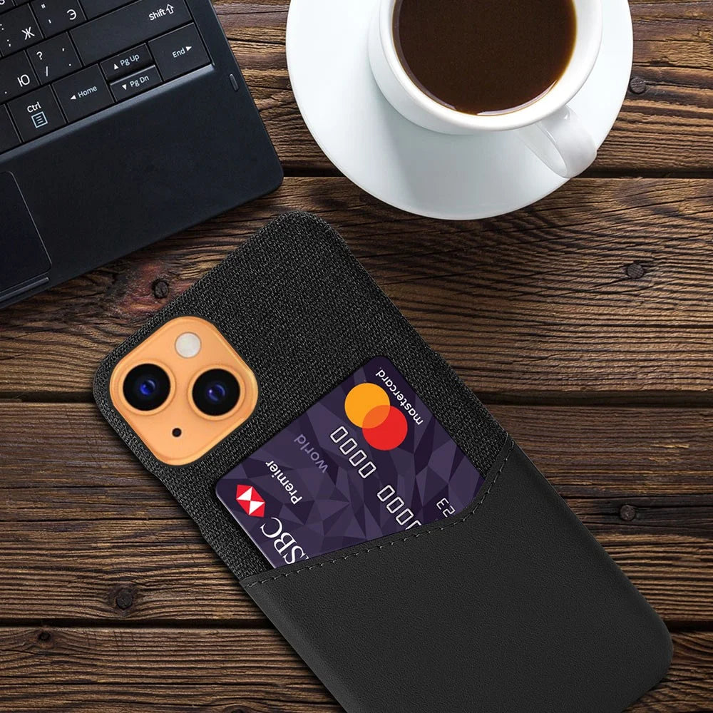 Shock-absorbed Cloth Texture Hybrid Phone Case with Single Card Slot for iPhone 13 6.1 inch - Black - 4