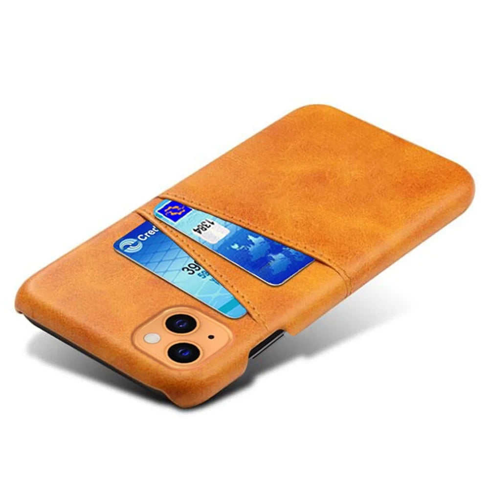 Back Case for iPhone 13 6.1 inch, Soft Touch PU Leather Coated Hard PC Cover with Dual Card Slots - Orange - 3