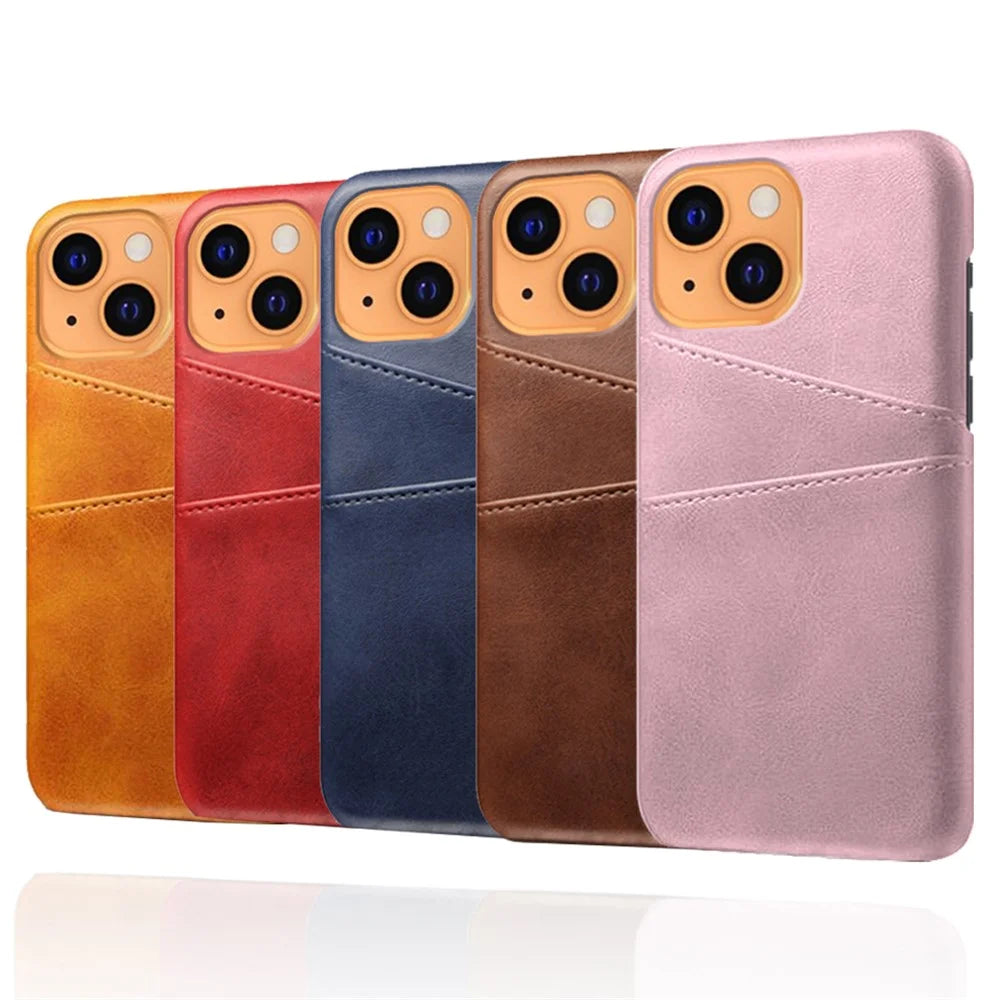 Back Case for iPhone 13 6.1 inch, Soft Touch PU Leather Coated Hard PC Cover with Dual Card Slots - Orange - 5