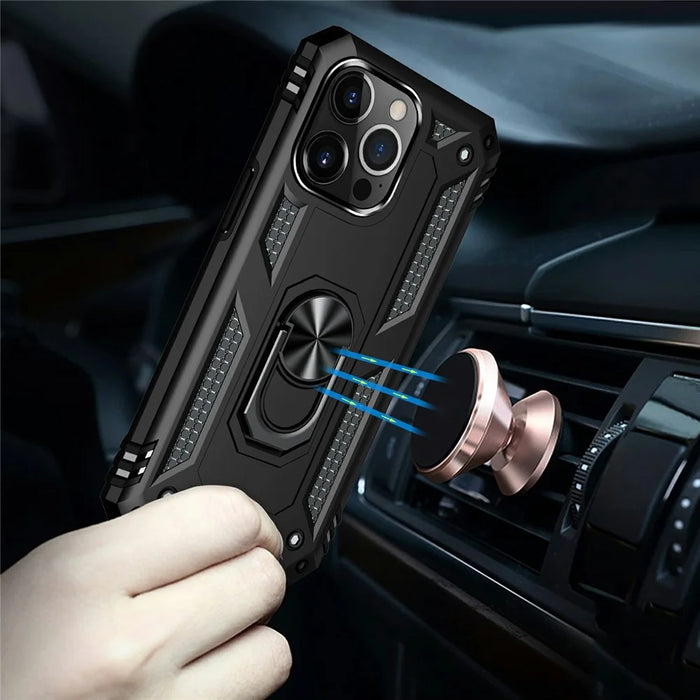 Military Grade PC TPU Shockproof Protection Case for iPhone 13 Pro Max 6.7 inch with Car Mount Rotary Ring Kickstand - Black - 3