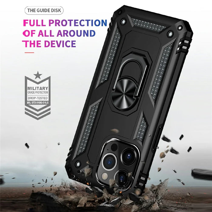 Military Grade PC TPU Shockproof Protection Case for iPhone 13 Pro Max 6.7 inch with Car Mount Rotary Ring Kickstand - Black - 4
